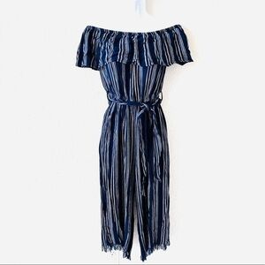 Navy & white striped ruffled off shoulder cropped jumpsuit romper fringe hem SzM
